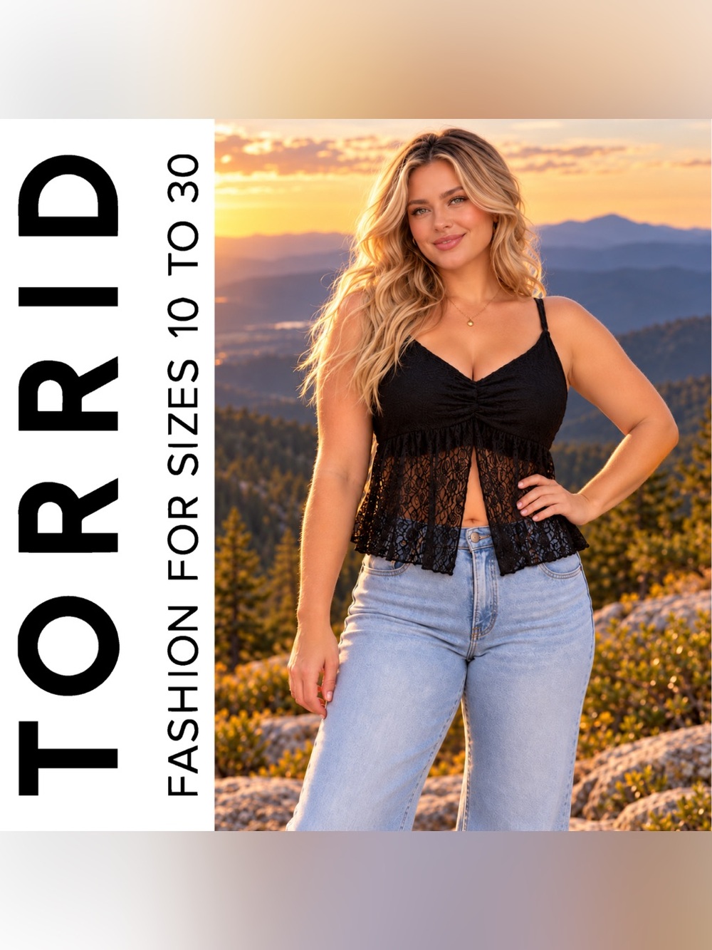 Torrid Festi Black Open Front Fly Away Hem Lace Western Cami, Large, NWT!